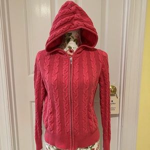 Kate Hill | Sweaters | Kate Hill Pink Coral Cable Knit Cardigan Sweater W  Hood Front Zip Size Pm | Poshmark